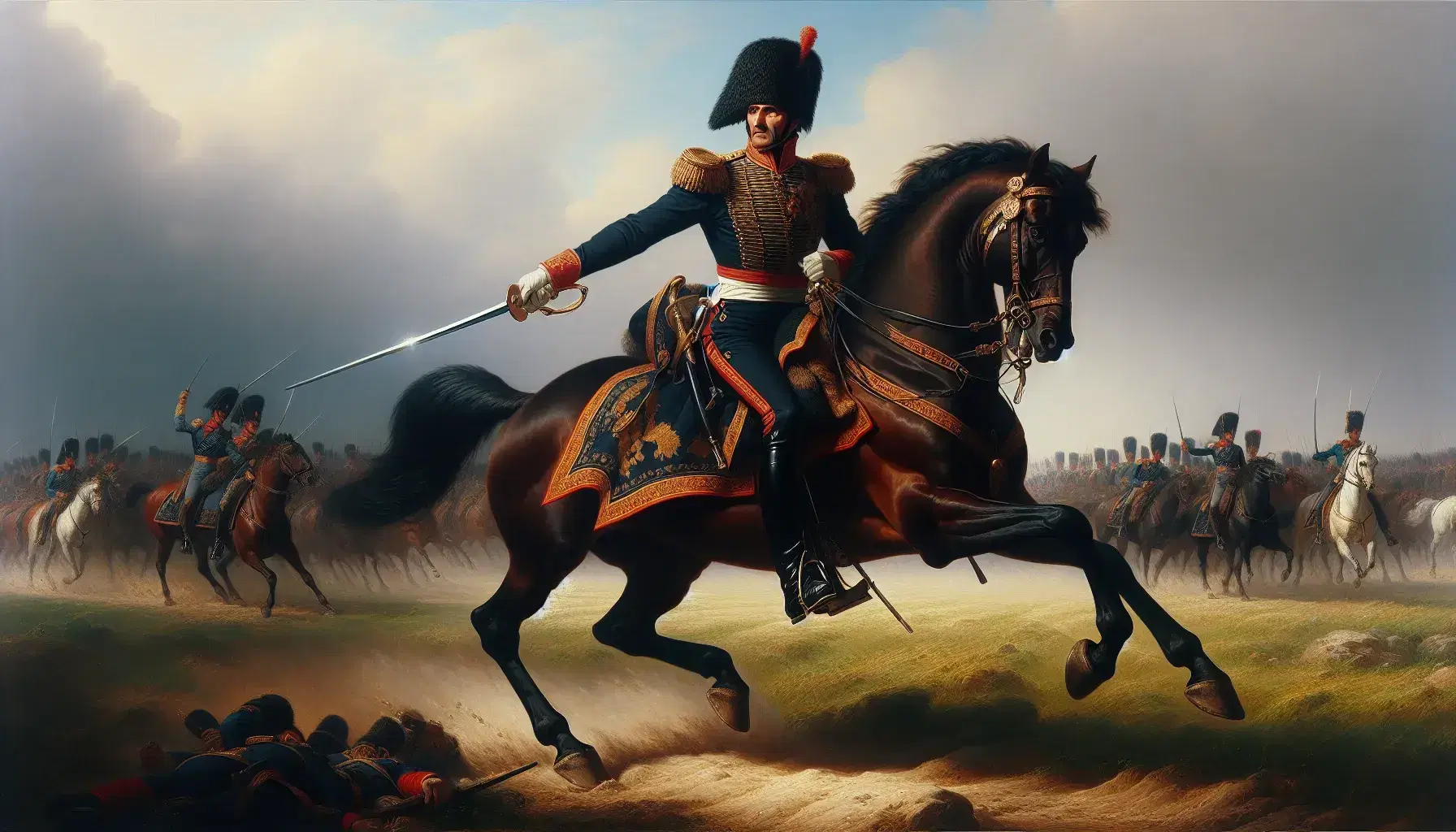 Comandante in uniforme blu su cavallo marrone in battaglia, con spada alzata e sfondo di soldati sfocati.