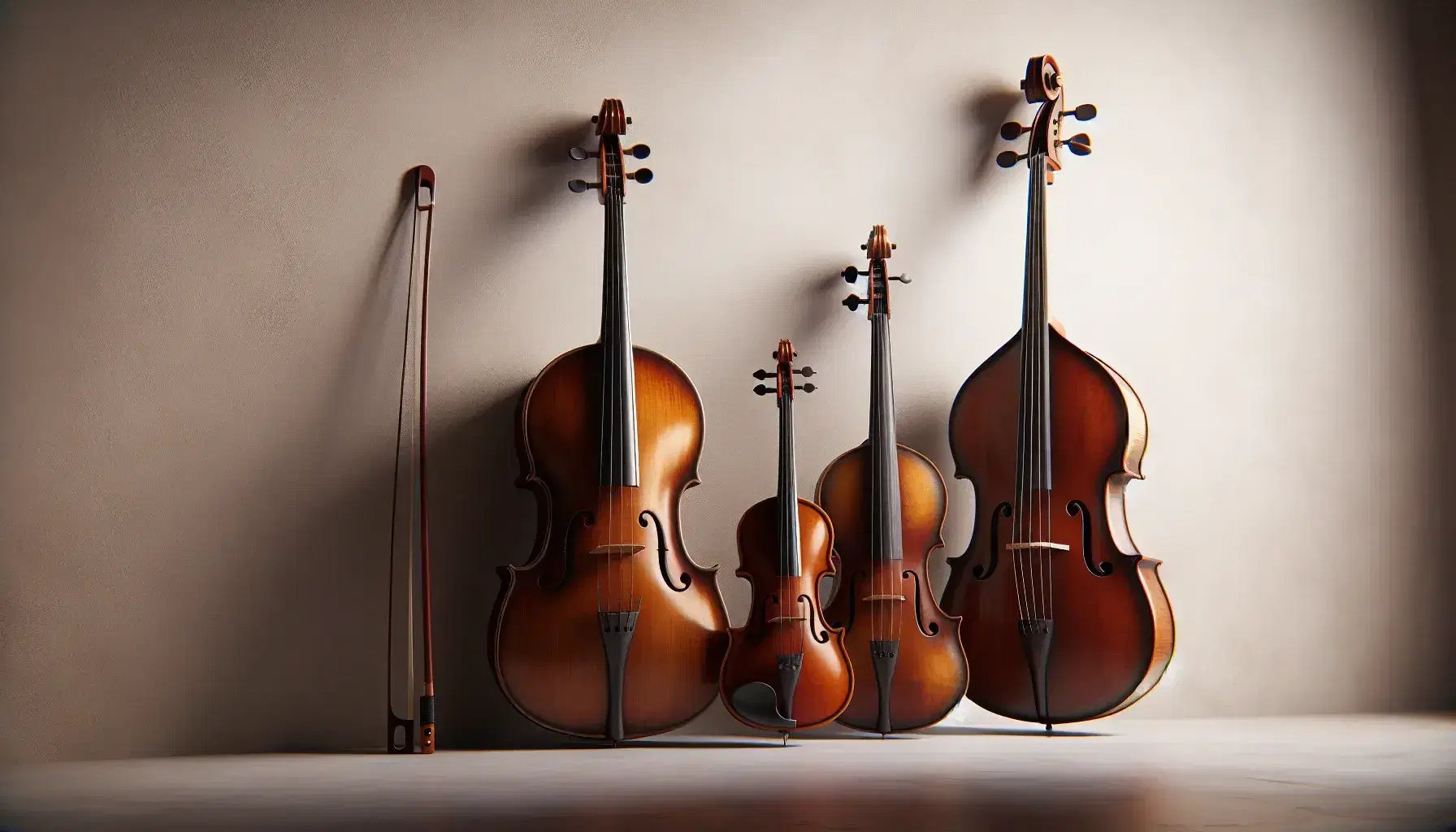 Strumenti ad arco in ordine crescente - violino, viola, violoncello e contrabbasso - appoggiati a parete chiara con archetti paralleli.