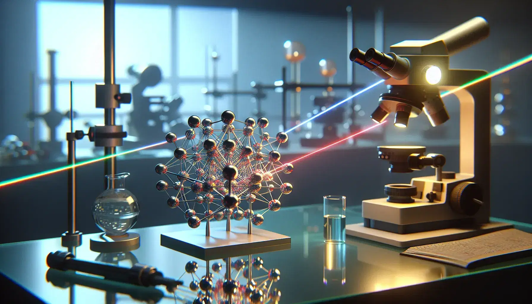 Detailed molecular model with multicolored atoms on a lab table, alongside optical equipment emitting a polarized laser beam and a beaker with liquid.