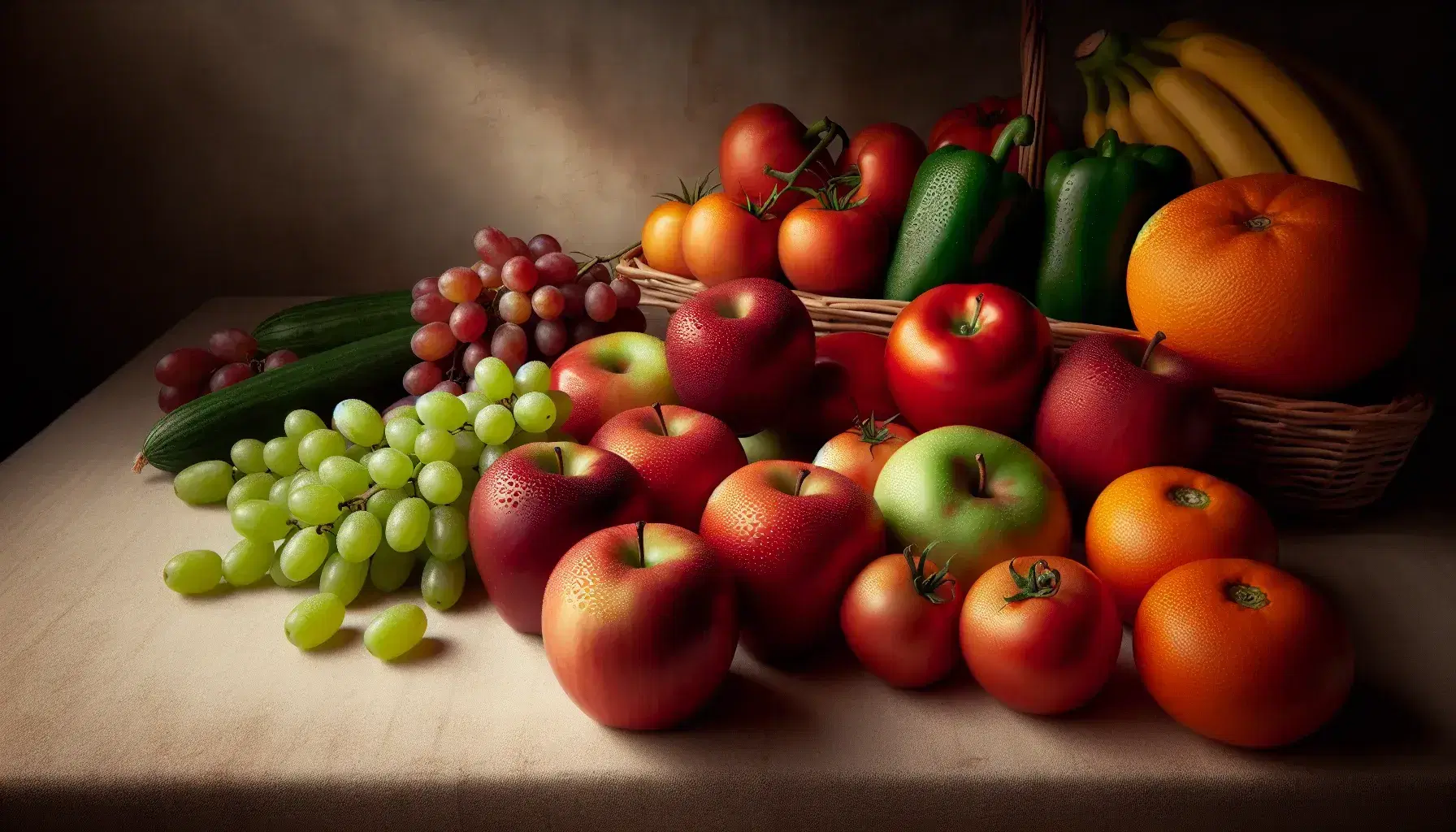 Variedad de frutas y verduras frescas con manzanas rojas, uvas verdes, naranjas, tomates rojos brillantes, pimientos verdes y plátanos maduros en fondo neutro.