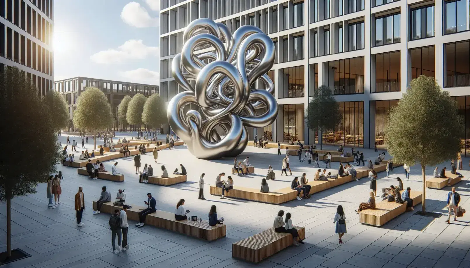Modern urban square with abstract metal sculpture, benches and different people conversing or using smartphones under blue sky.