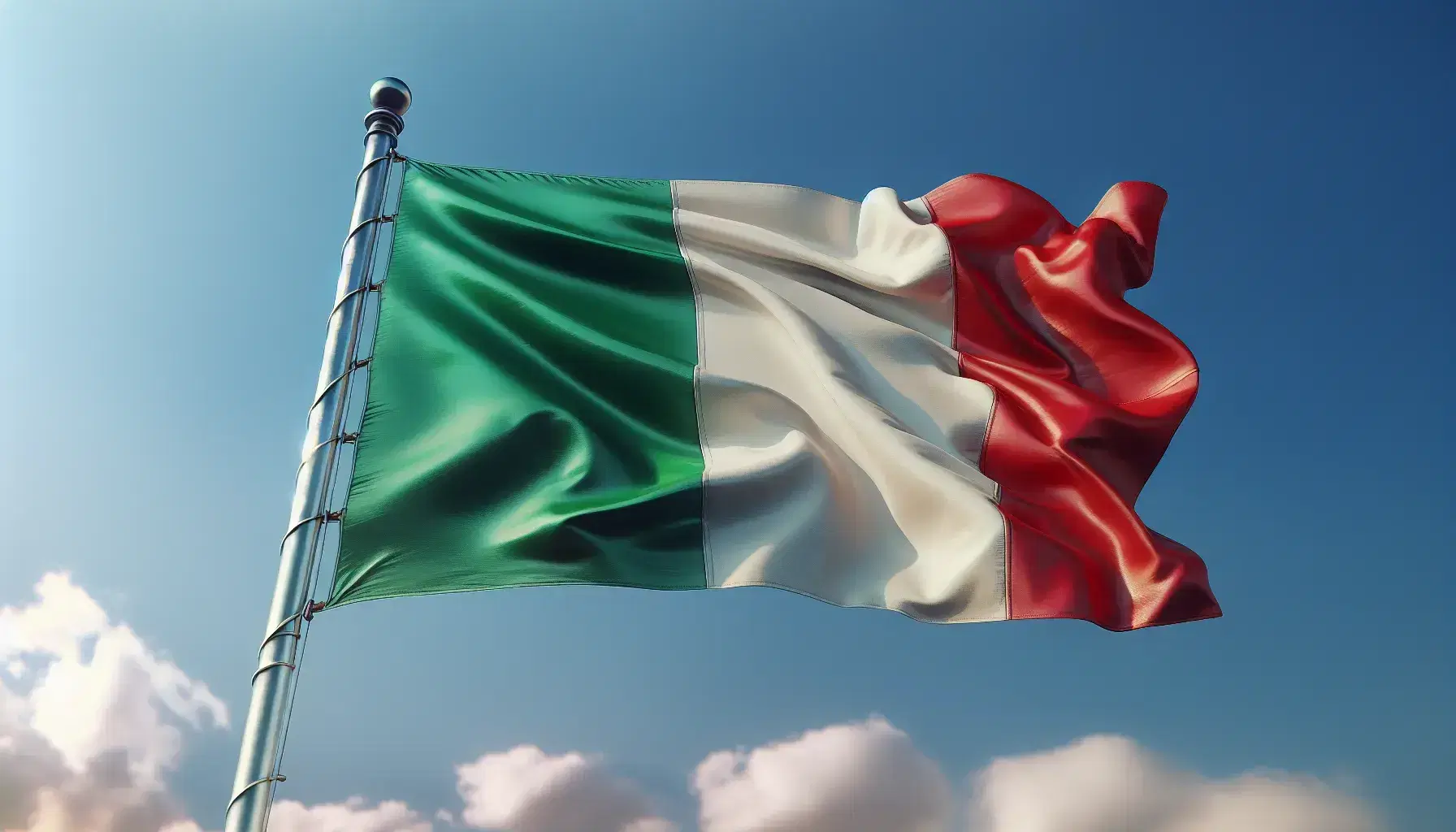 Bandiera italiana sventolante su asta metallica, con vivaci bande verticali verde, bianca e rossa su sfondo cielo azzurro con nuvole sparse.