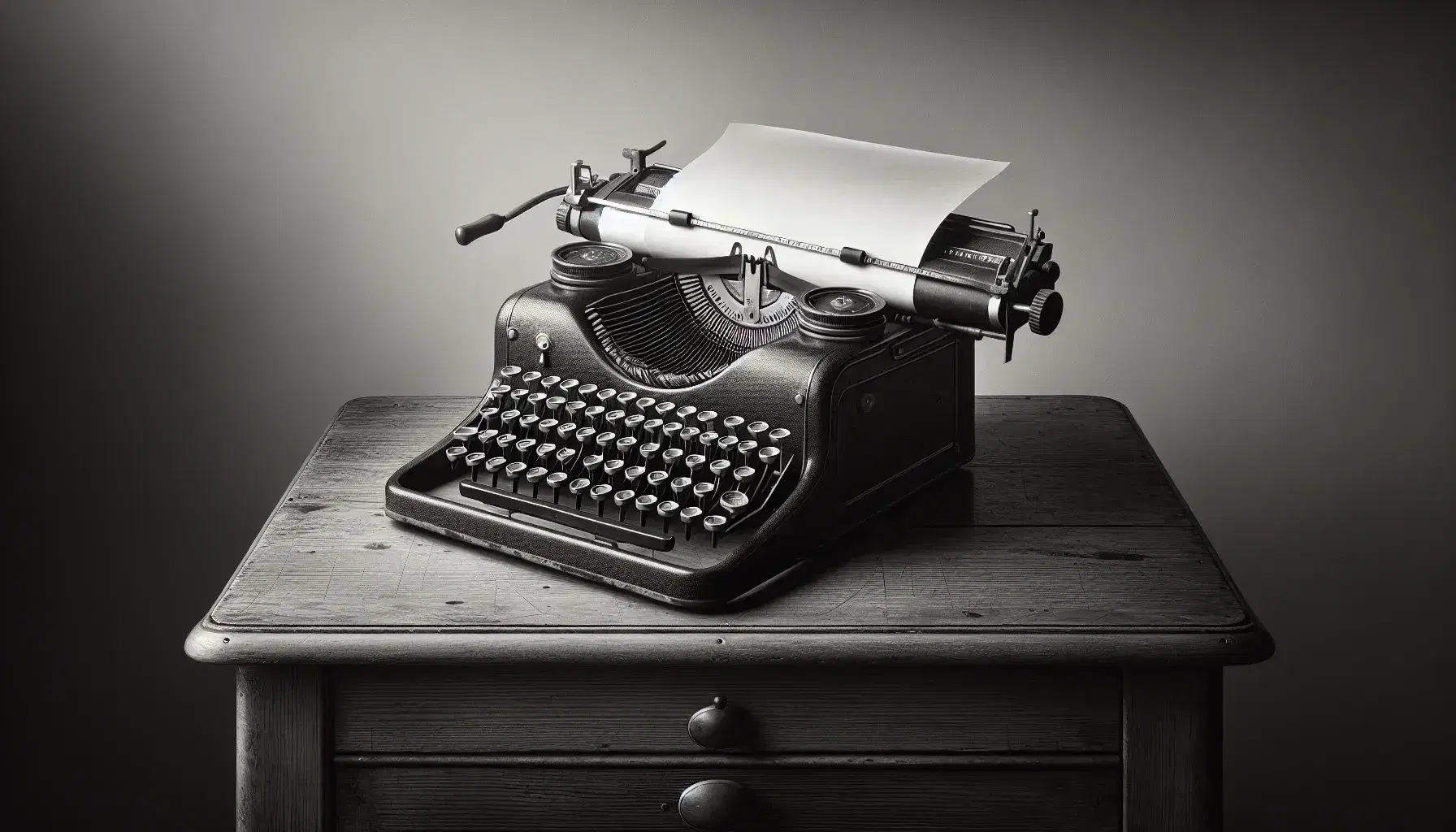 Vintage black and white photo of a well-used 20th-century typewriter with circular keys on a wooden desk, blank paper inserted, in a minimalist setting.