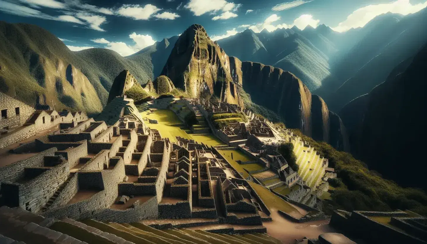 Vista panorámica de las antiguas ruinas de Machu Picchu con terrazas de piedra, estructuras arquitectónicas y montaña verde bajo cielo azul.