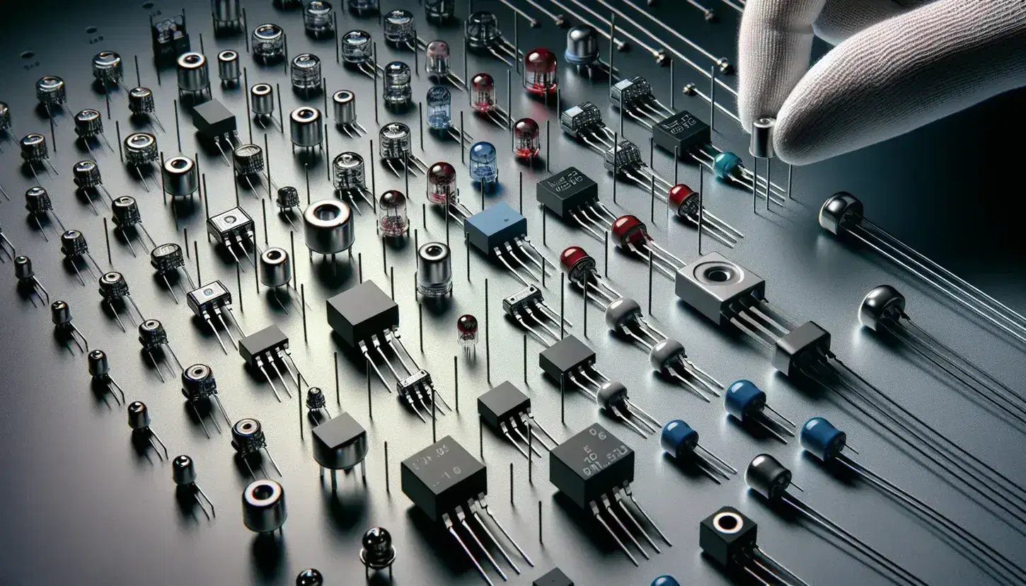 Mano con guanti antistatici bianchi tiene un diodo semiconduttore su sfondo sfocato di componenti elettronici.