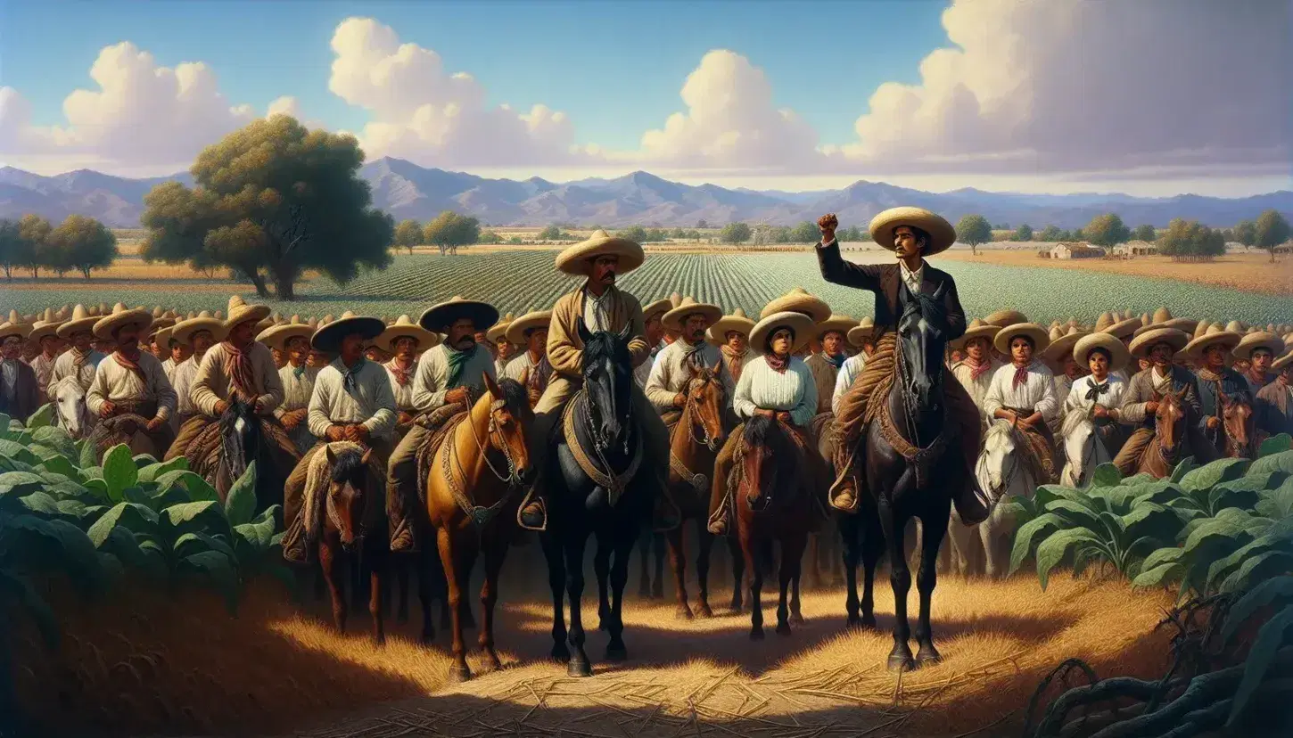 Campo abierto con cielo azul y grupo de personas vestidas al estilo campesino mexicano del siglo XX, algunas a caballo, lideradas por hombre con puño en alto.