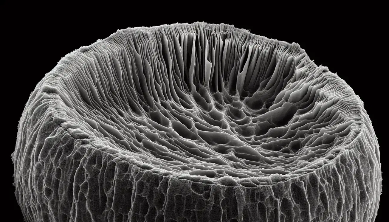 Fotografia macro di una cellula vegetale al microscopio elettronico, con dettagli della parete cellulare fibrosa e della membrana plasmatica liscia.