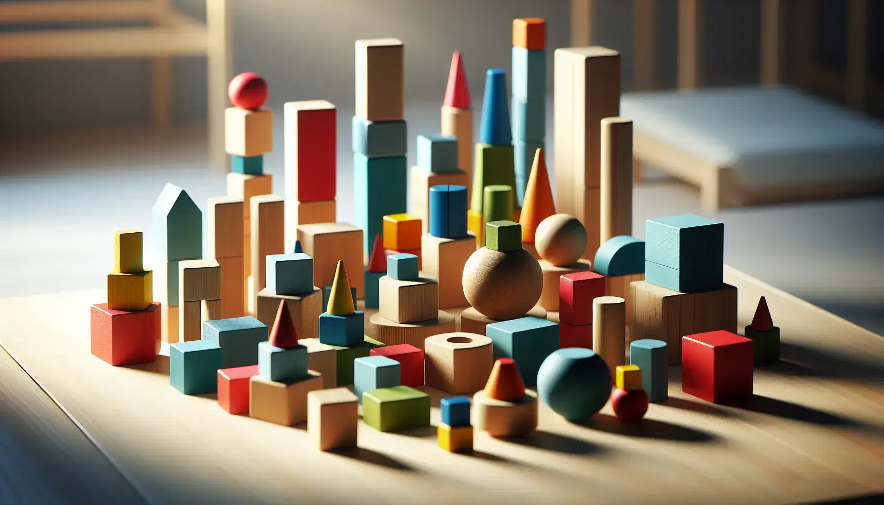 Blocchi di legno colorati in forme geometriche disposti su tavolo chiaro, creando strutture e sequenze, senza testi o simboli visibili.