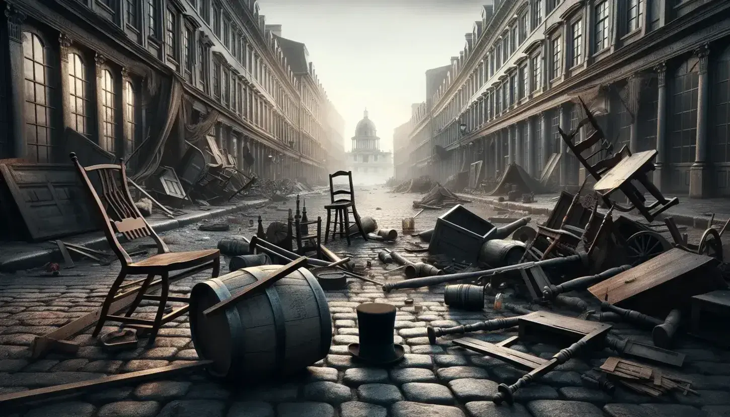 Barricata storica con mobili e detriti su strada acciottolata, cappello nero in primo piano, edifici neoclassici e cielo grigio sullo sfondo.