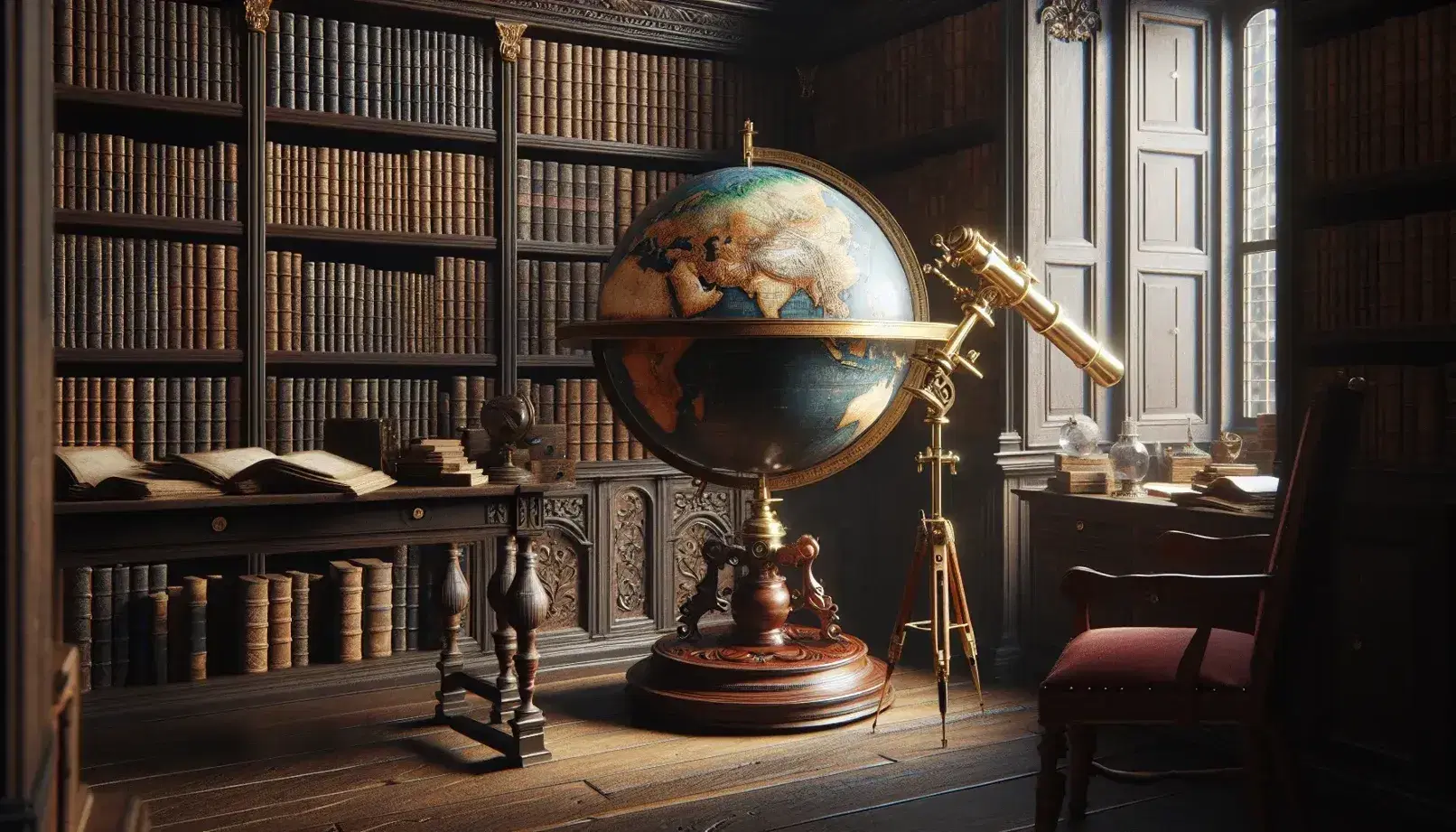 Studio antico con globo terrestre su supporto intagliato e telescopio in ottone accanto a finestra, scaffali con libri rilegati in pelle.