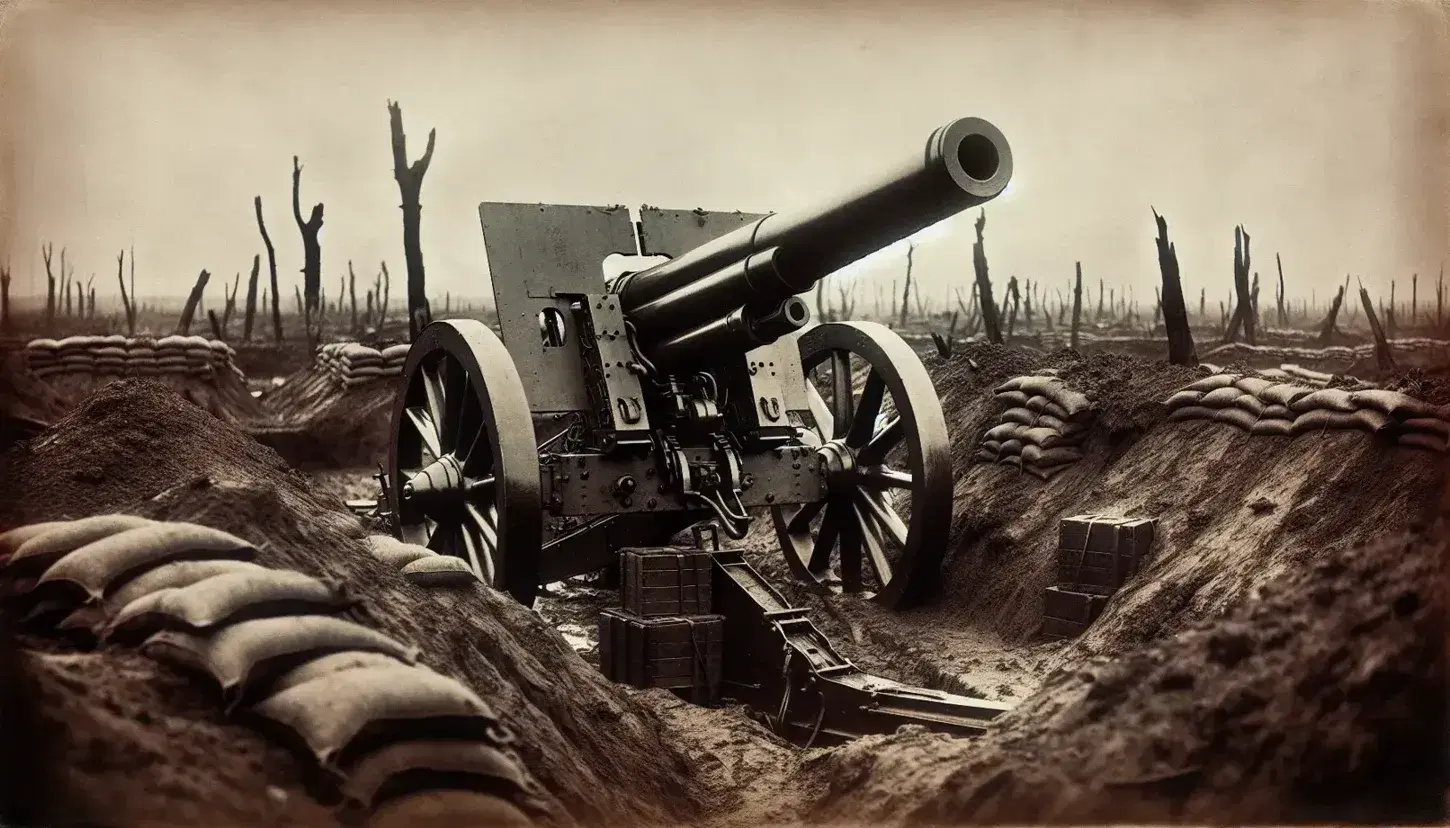Cannone della Prima Guerra Mondiale puntato verso il cielo in un campo di battaglia con trincee e alberi danneggiati sullo sfondo.