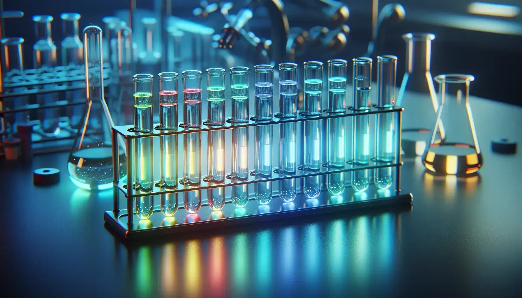 Tubi da laboratorio in vetro con soluzioni fluorescenti colorate sotto luce UV su banco da laboratorio, effetto arcobaleno.