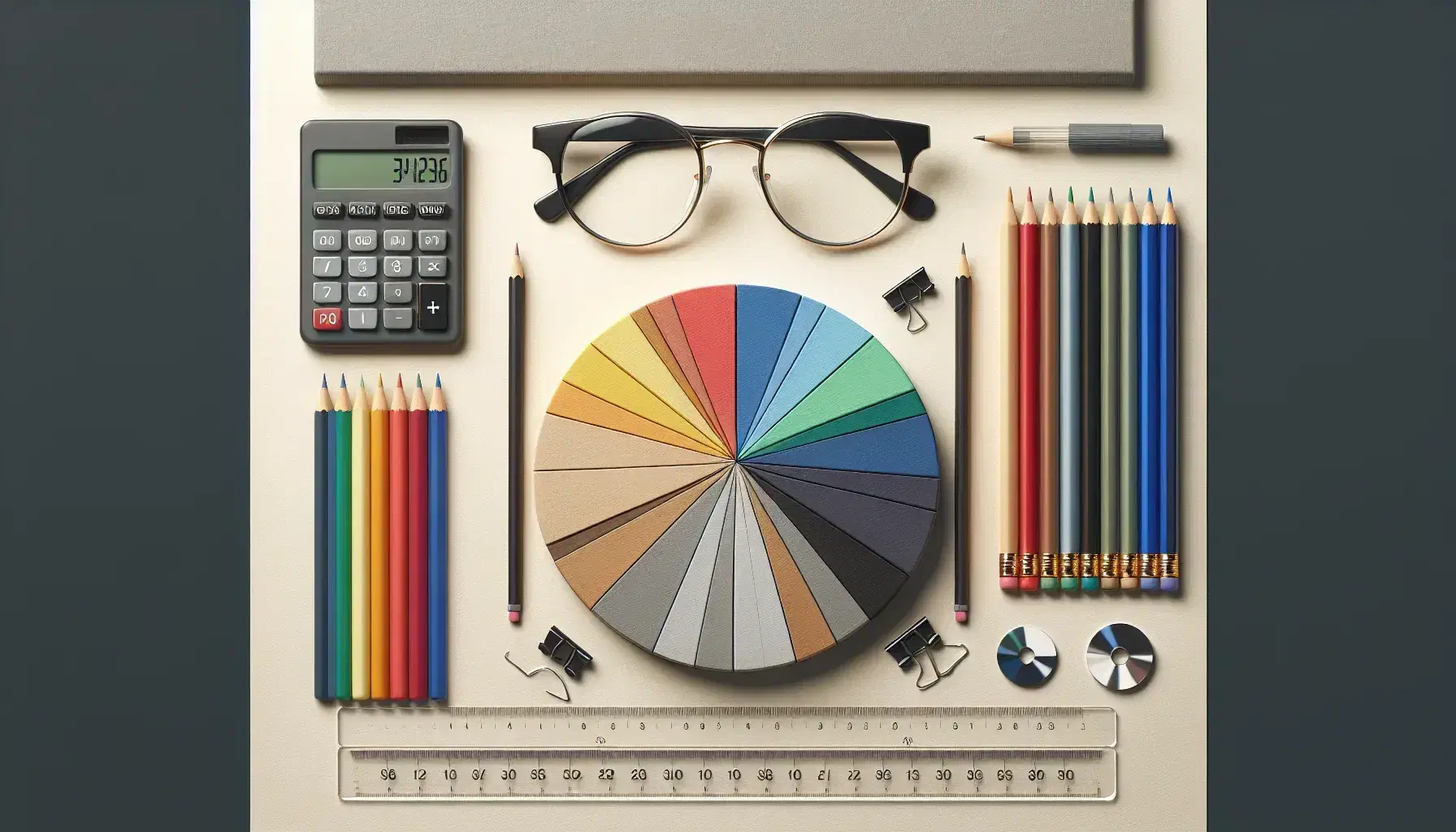 Calculadora negra y gris con botones blancos, gráfico de pastel tridimensional de colores, gafas metálicas invertidas, lápices de colores y regla transparente sobre superficie clara.