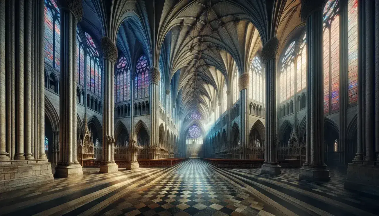 Interno di cattedrale gotica con colonne slanciate, volte a crociera, vetrate policrome e pavimento a scacchiera.