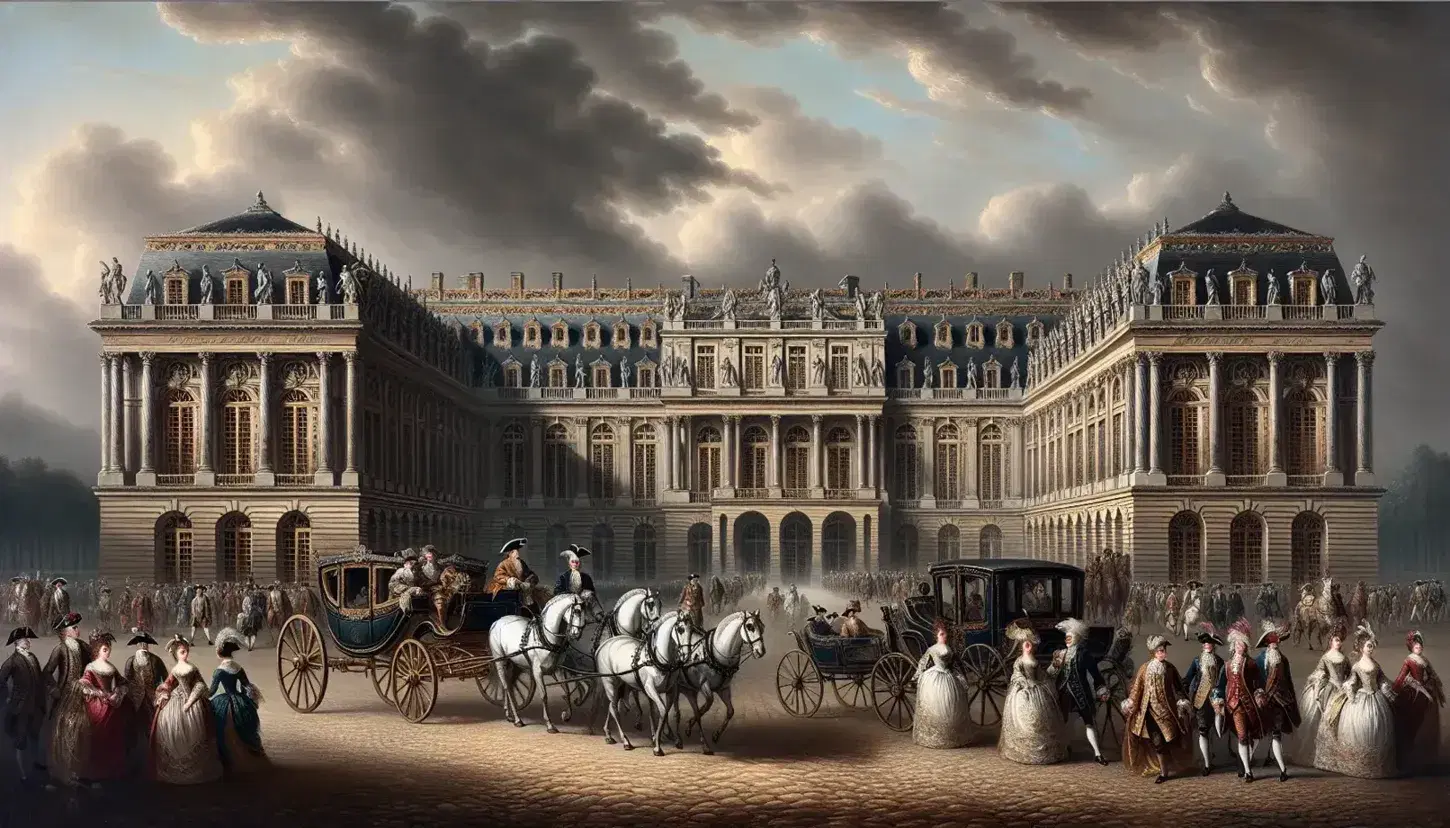Scena settecentesca con nobili in abiti d'epoca e carrozze davanti al Palazzo di Versailles, contadini in lontananza sotto un cielo nuvoloso.