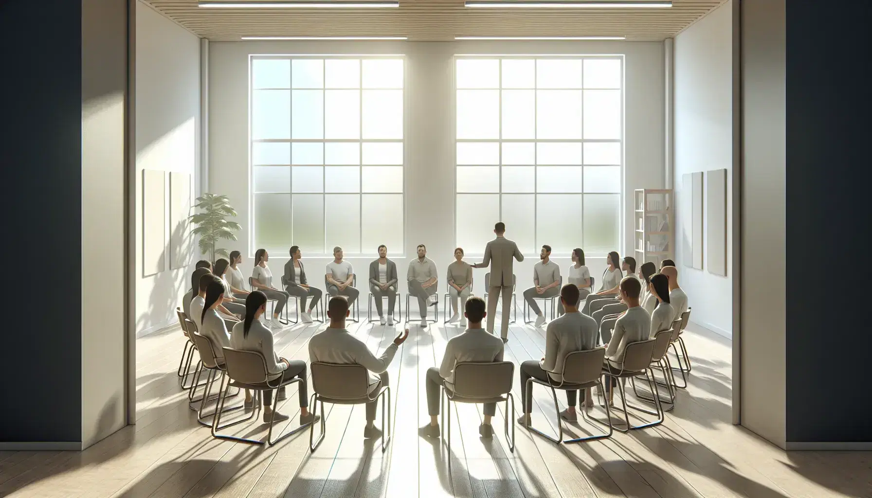Aula luminosa con pareti chiare e cerchio di sedie con adulti in abbigliamento casual e un educatore che gestisce la discussione.