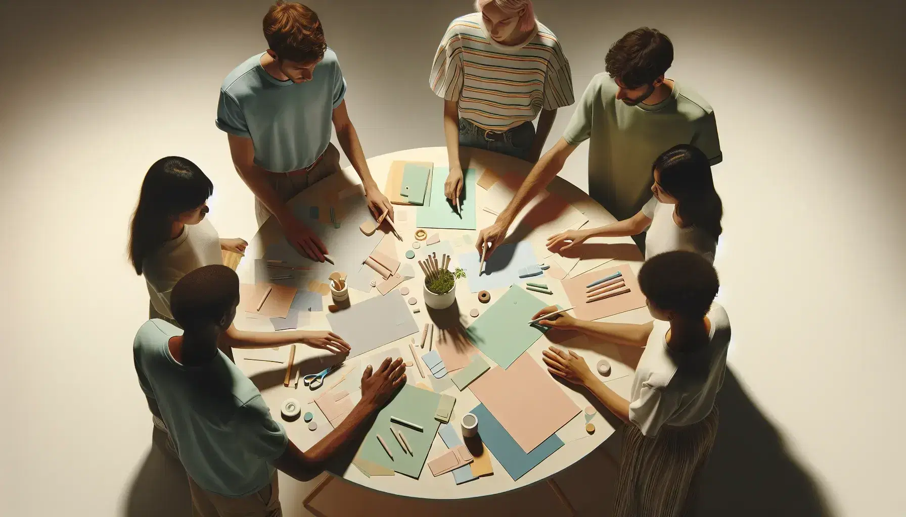 Grupo de cinco personas colaborando alrededor de una mesa redonda con papeles de colores pastel, bolígrafos y una planta verde, en un ambiente de trabajo relajado y diverso.