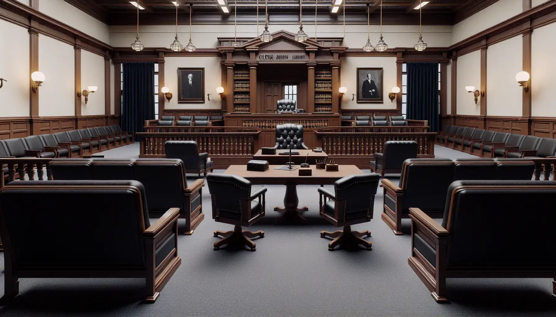 Aula di tribunale vuota con banco del giudice in legno scuro, banchi simmetrici, scrivania del cancelliere, tribuna dei testimoni e pareti crema.