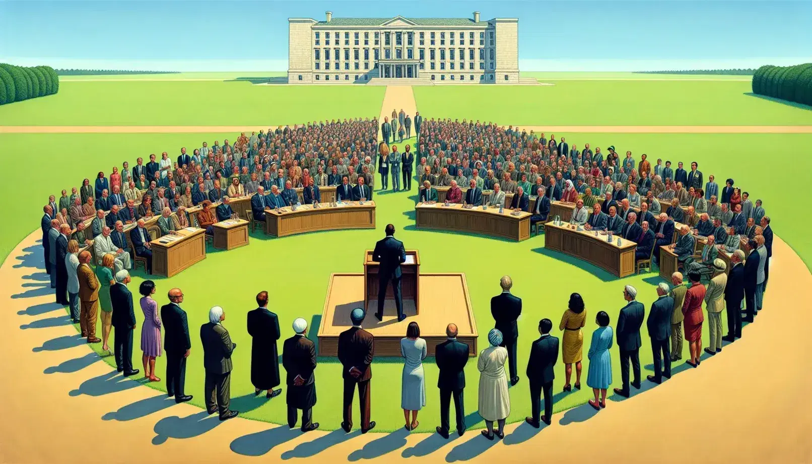 Diverse group attentively gathers around a speaker at a wooden podium in a field, with a European parliament building under a clear sky in the background.