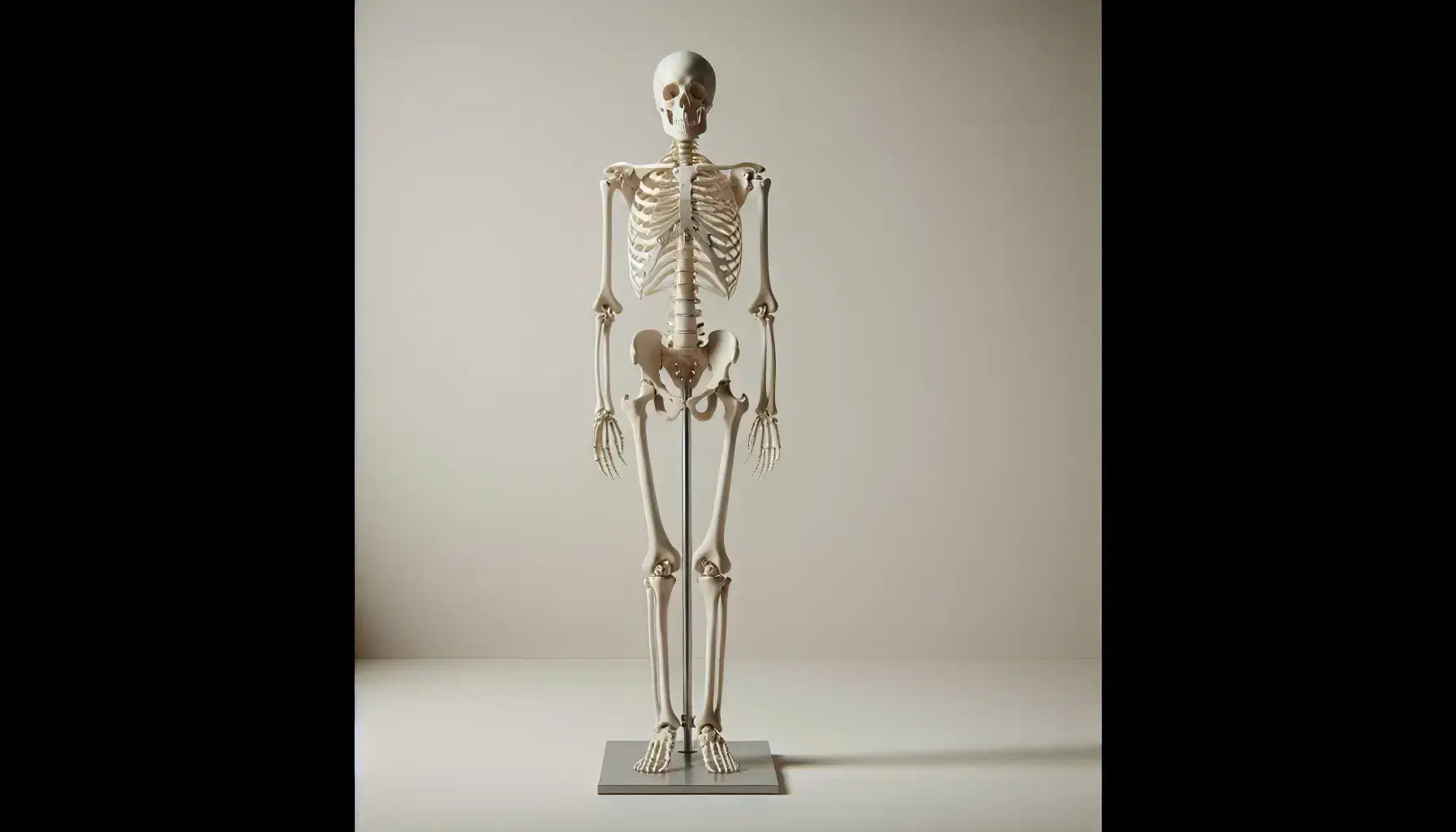 Esqueleto humano completo montado en soporte metálico, con cráneo, costillas, columna y extremidades claramente visibles, sobre fondo neutro.