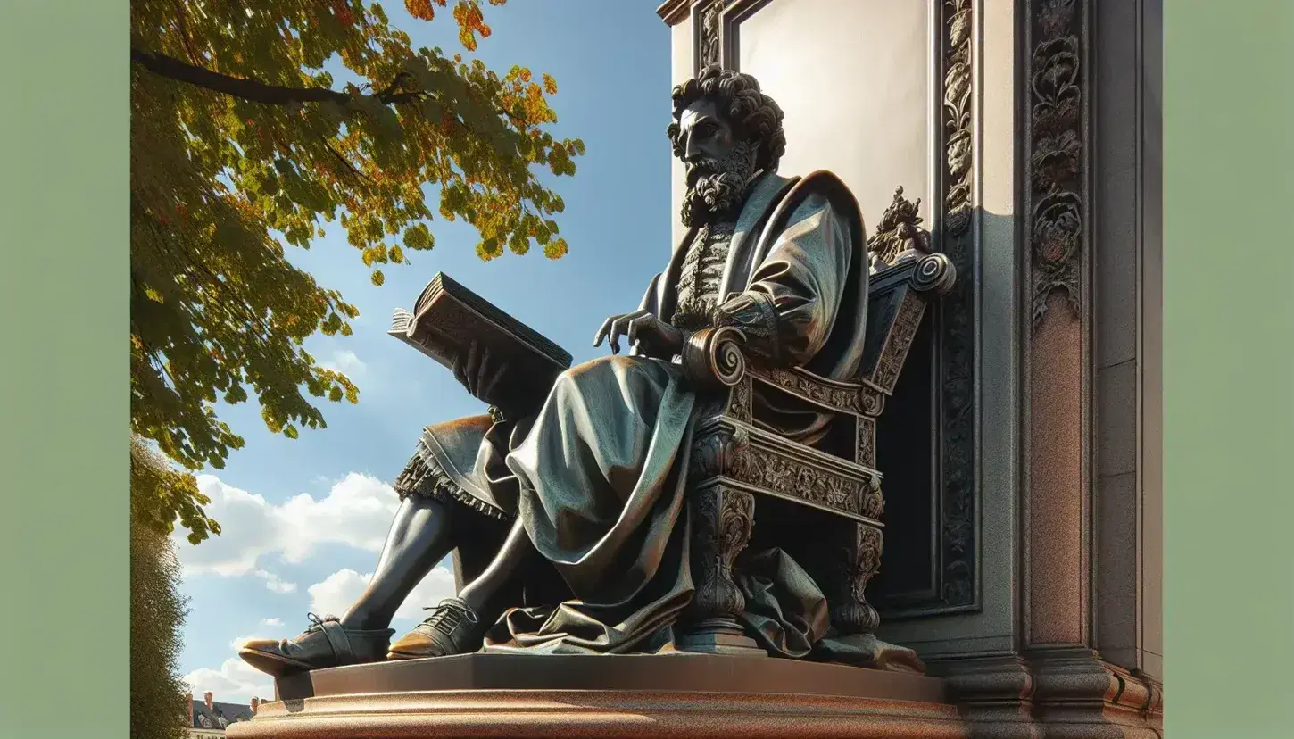 Estatua de bronce de hombre barbudo en vestimenta del siglo XVI o XVII sentado en silla ornamentada, sosteniendo un libro abierto, bajo un cielo azul con árboles a los lados.