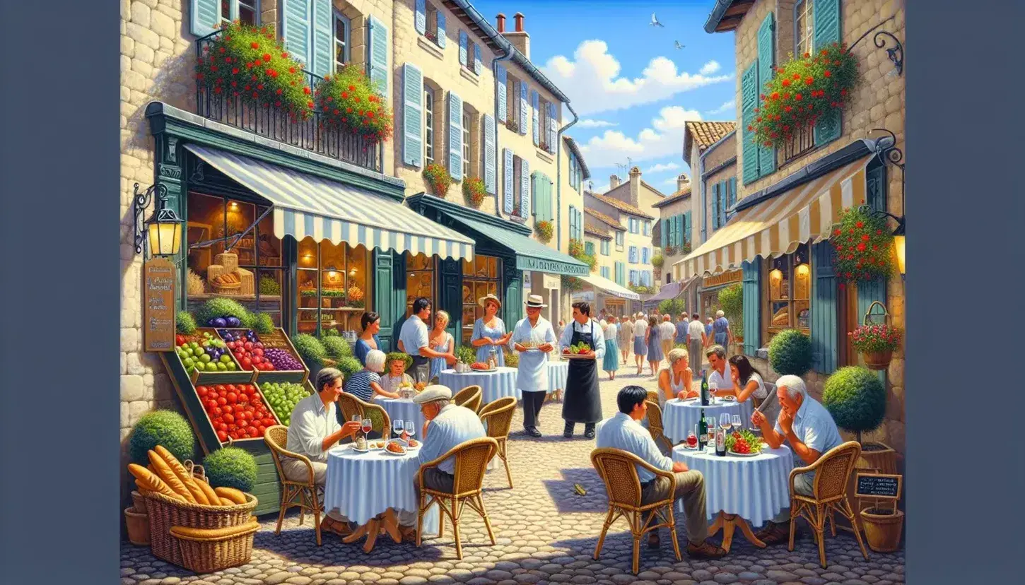 Vibrant French village street scene with patrons at a traditional café, a cobblestone road, an open-air market, and stone buildings with blue shutters.