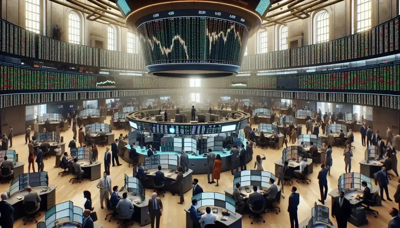 Diverse group of traders actively working on a stock exchange floor with a large electronic ticker displaying market data.