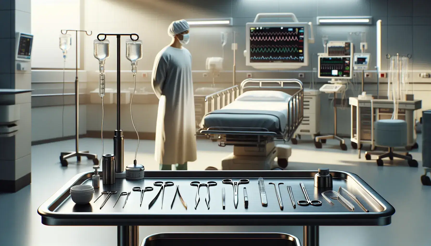 Escena hospitalaria con profesional de la salud en bata estéril frente a mesa quirúrgica con instrumentos médicos y cama de hospital al fondo.