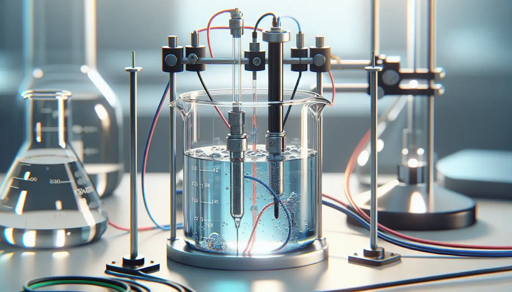 Celda electroquímica de laboratorio con líquido azul y dos electrodos, uno metálico y otro negro, conectados a equipo externo, junto a soporte con tubo de ensayo.