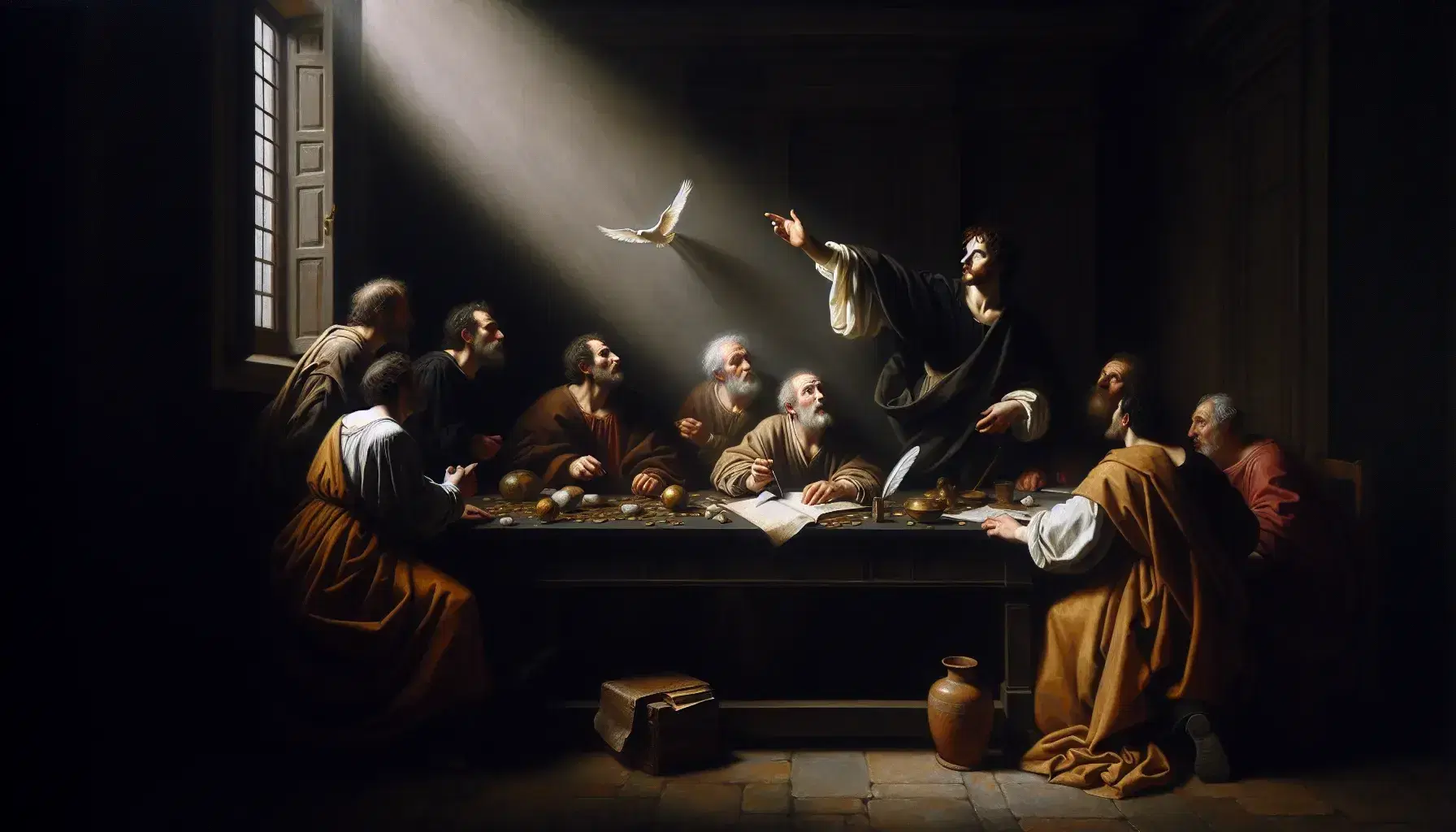 Riproduzione del dipinto "La Vocazione di San Matteo" di Caravaggio con cinque figure attorno a un tavolo e luce naturale che crea un chiaroscuro.