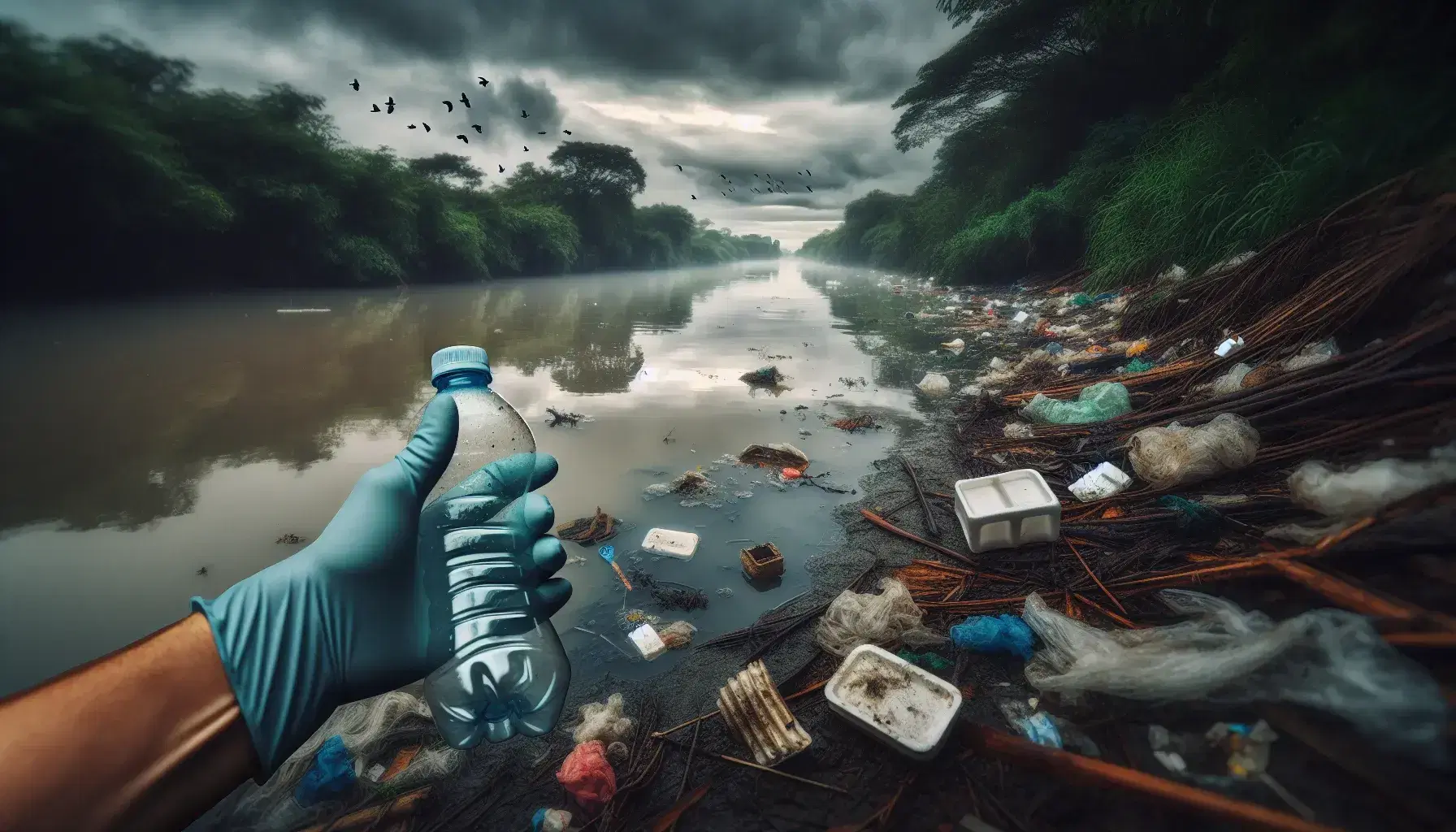 Mano con guante recogiendo botella plástica en río contaminado con residuos flotantes, vegetación erosionada y aves volando en cielo nublado.