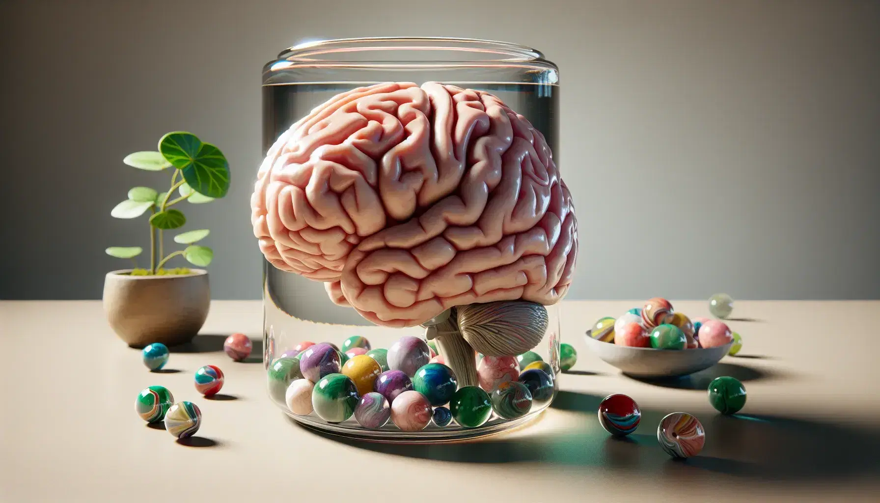 Detailed anatomical model of human brain on table, next to glass jar with colorful marbles and green plant in terracotta pot.