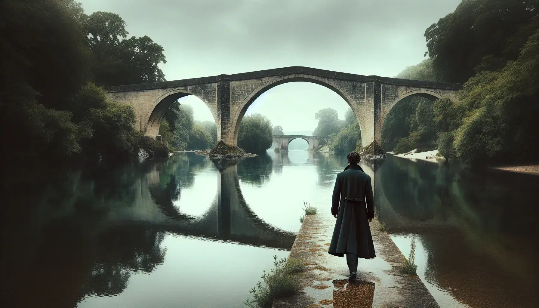 Uomo in soprabito elegante attraversa ponte in pietra antico su fiume tranquillo tra sponde verdi in giornata nuvolosa.