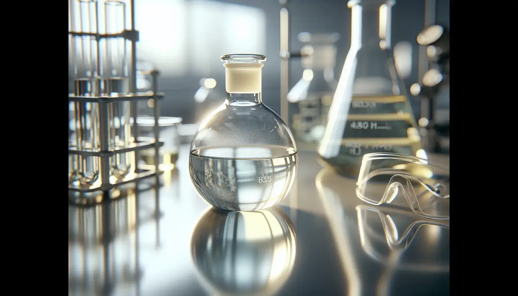 Transparent glass bottle with slightly yellow liquid on reflective surface, safety glasses on the right, blurred laboratory equipment in the background.
