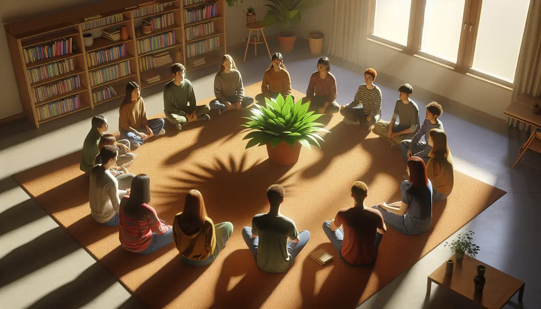 Grupo de estudiantes diversos sentados en círculo en una sala iluminada naturalmente, meditando alrededor de una planta verde, en un ambiente sereno y sin distracciones.