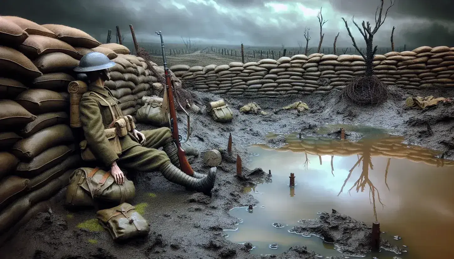 Paesaggio di trincea della Prima Guerra Mondiale con soldato seduto, sacchi di sabbia, filo spinato e albero spoglio sotto cielo nuvoloso.
