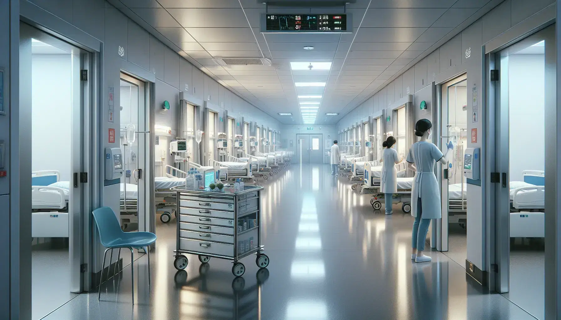 Corridoio ospedaliero moderno cinese con medico in camice, infermiera che regola dispositivo medico e sedie blu per visitatori.