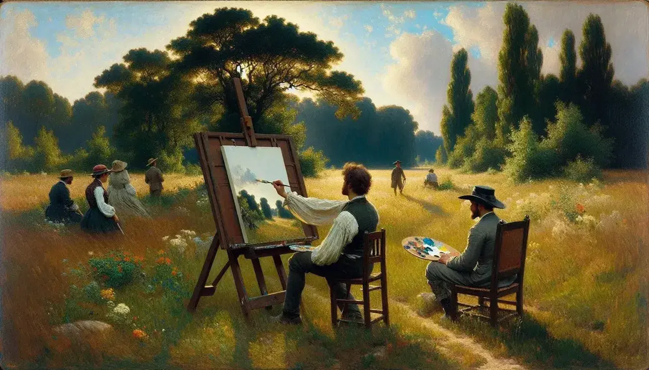 Pittore en plein air con cappello lavora su una tela tra fiori selvatici, osservato da una donna in abito lungo, sotto alberi frondosi e cielo azzurro.