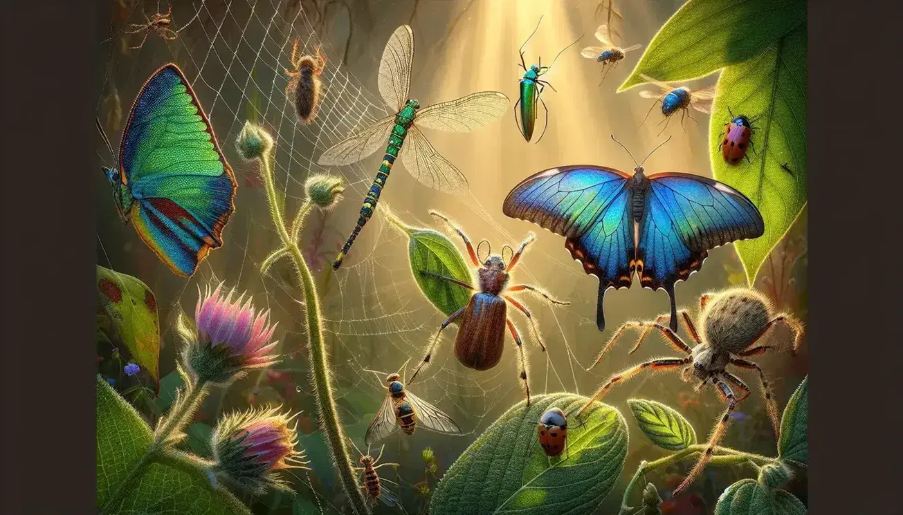Mariposa con alas azules, amarillas y negras posada en flor, araña en tela de araña con rocío y escarabajo verde metálico en hoja, con libélulas volando en fondo vegetal.
