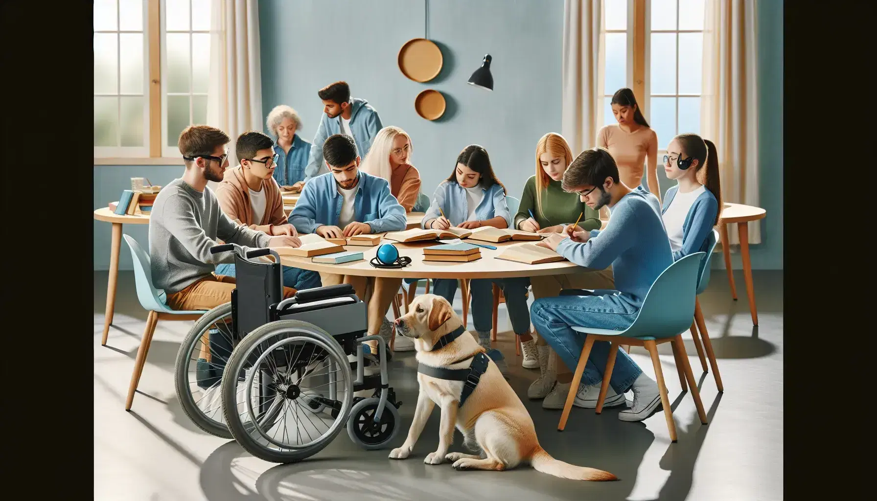 Studenti diversificati collaborano in aula luminosa con libri colorati, ausili per disabilità e cane guida.
