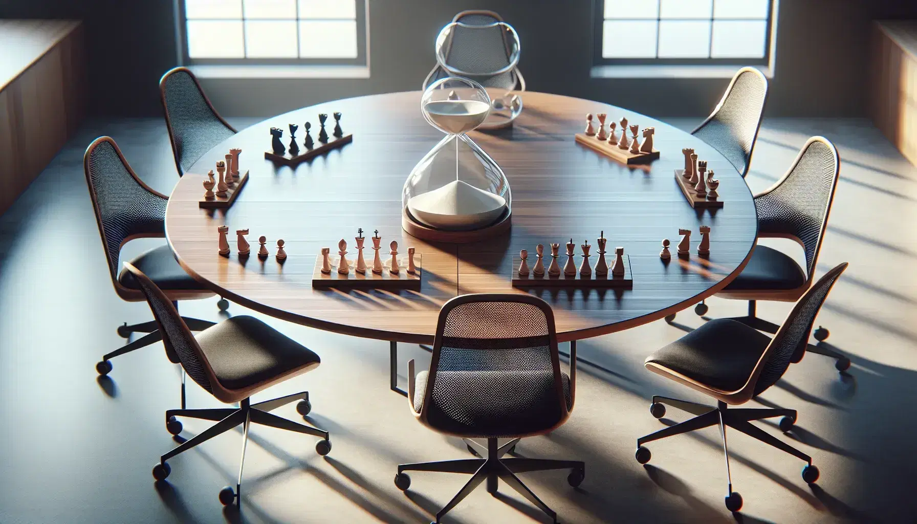 Modern classroom with circular wooden table, ergonomic chairs, hourglass, chessboard and 3D puzzle, window with view of serene landscape.