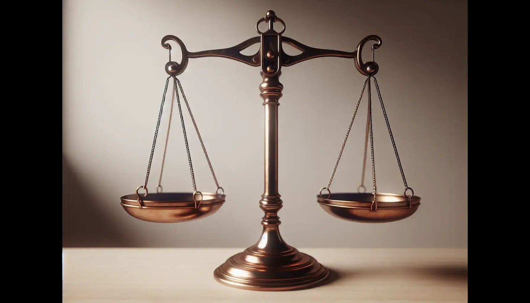 Balanza de justicia de dos platos en equilibrio, fabricada en metal brillante sobre fondo claro, simbolizando la ley y la equidad.