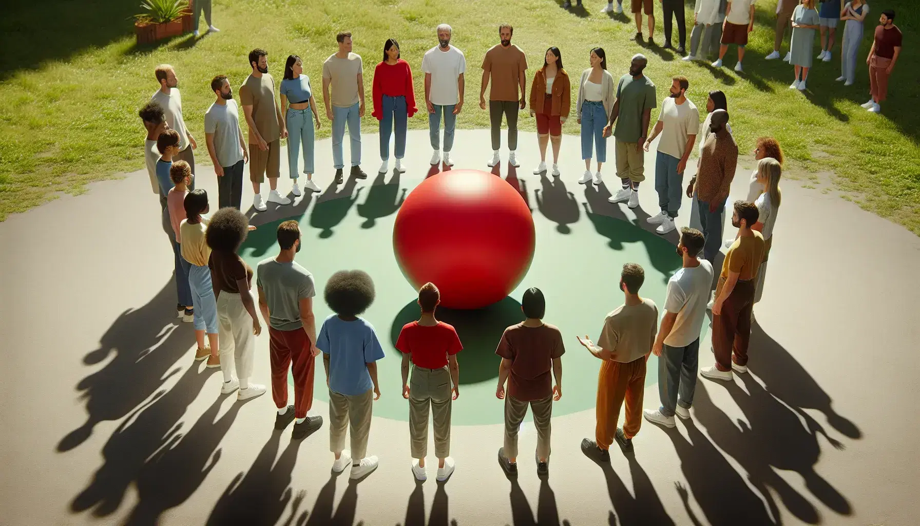 Grupo diverso de personas en círculo al aire libre con una pelota roja en el centro, reflejando cooperación y diversidad en un día soleado.