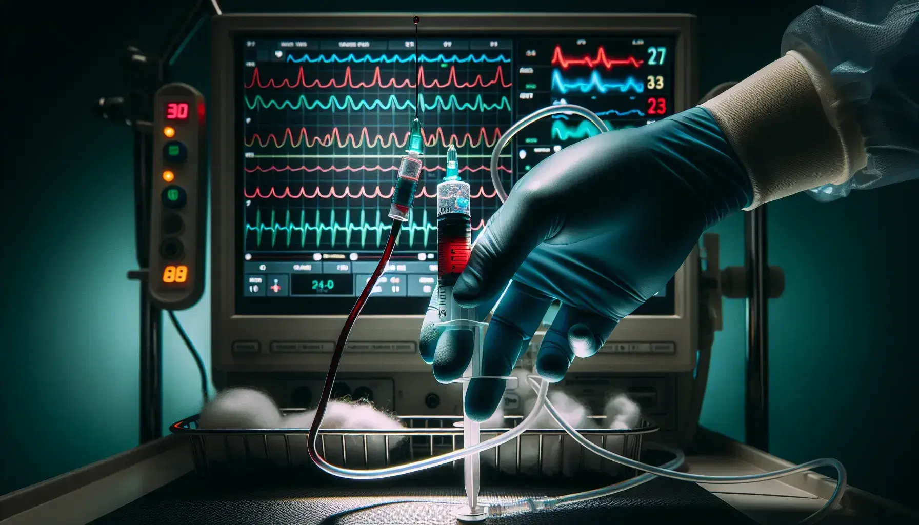 Mano con guante azul sosteniendo jeringa con sangre para prueba de gases arteriales, con monitor médico y suministros al fondo.