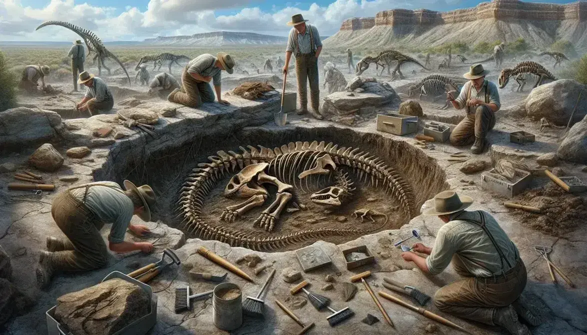Scavo paleontologico con fossile di dinosauro in evidenza, attrezzi vari e due ricercatori al lavoro in un terreno roccioso sotto un cielo azzurro.