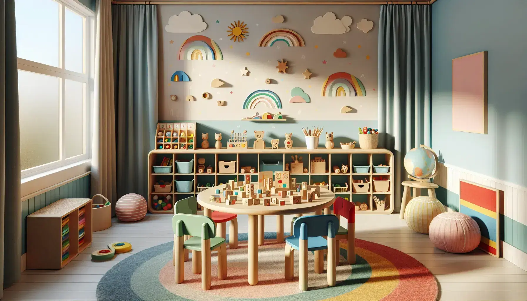 Aula de educación temprana iluminada con luz natural, mesa redonda con sillas de colores y juguetes educativos, estantería con materiales y alfombra circular.