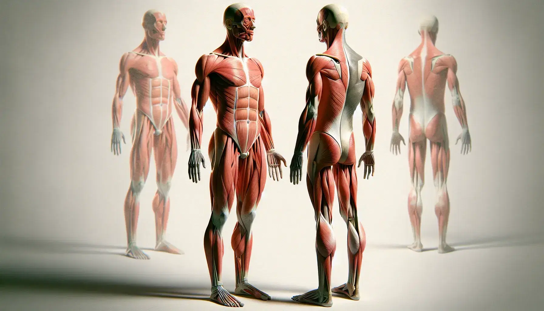 Vista anatómica detallada de la musculatura humana con figura de perfil, músculos en tonos rojos y rosas, y tendones del talón visibles.