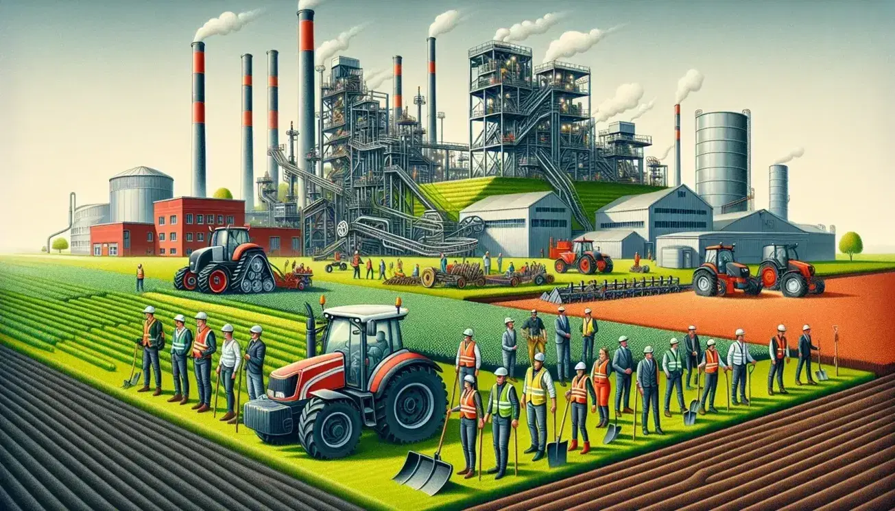 Grupo de trabajadores en campo agrícola con tractor rojo y torre de extracción minera al fondo, junto a fábrica con chimeneas y edificios de oficinas en día soleado.