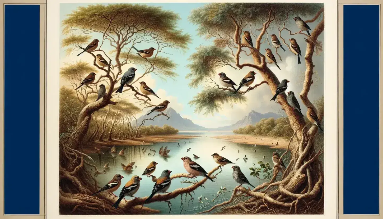 Two groups of finches by a river, one with large beaks on thick-branched trees, the other with slender beaks on fine-leaved trees, under a clear blue sky.