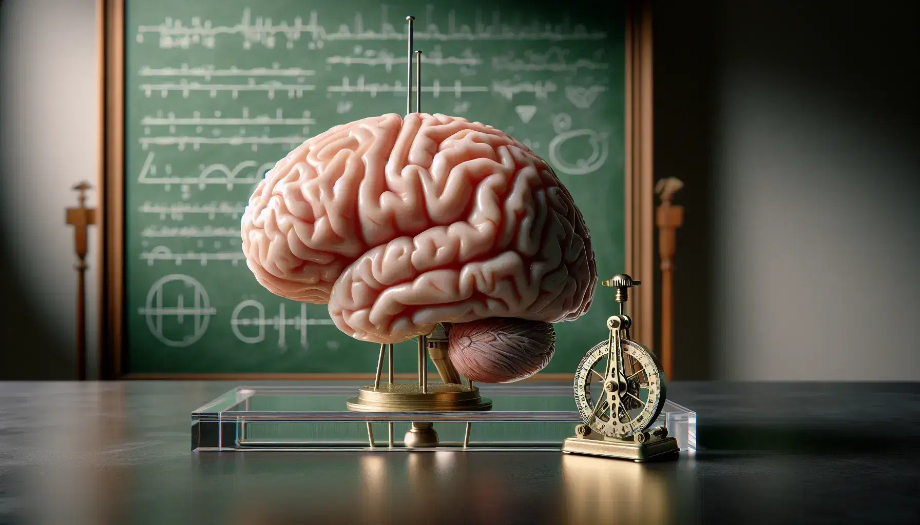 Detailed model of human brain on glass table with brass metronome and prism refracting light in a blurry blackboard background.